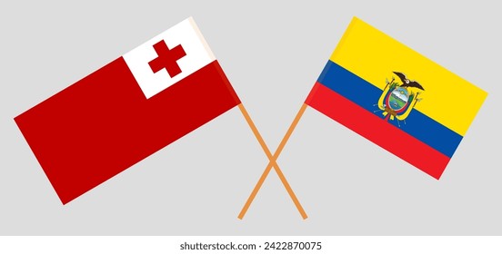 Überquerte Flaggen von Tonga und Ecuador. Offizielle Farben. Richtiger Anteil. Vektorgrafik

