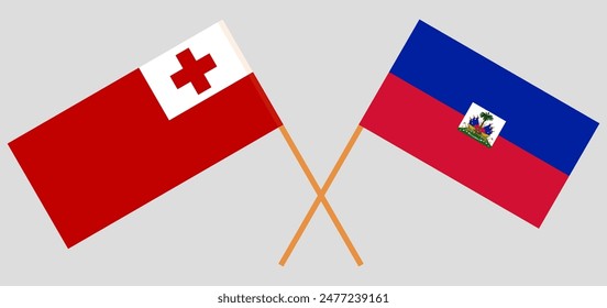 Banderas cruzadas de Tonga y Haití. Colores oficiales. Proporción correcta. Ilustración vectorial
