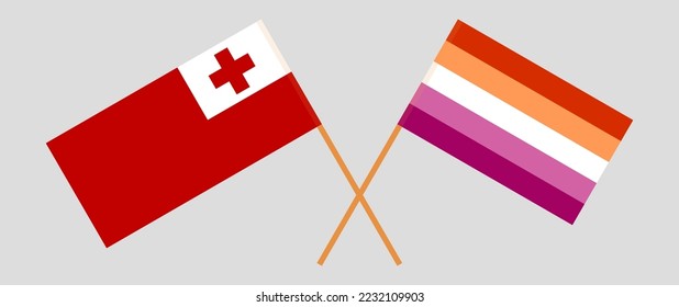 Banderas cruzadas de Tonga y Orgullo Lesbiano. Colores oficiales. Proporción correcta. Ilustración del vector

