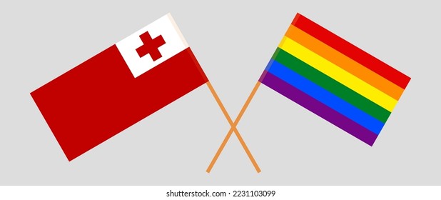 Crossed flags of Tonga and LGBTQ. Official colors. Correct proportion. Vector illustration
