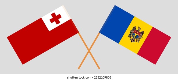 Crossed flags of Tonga and Moldova. Official colors. Correct proportion. Vector illustration
