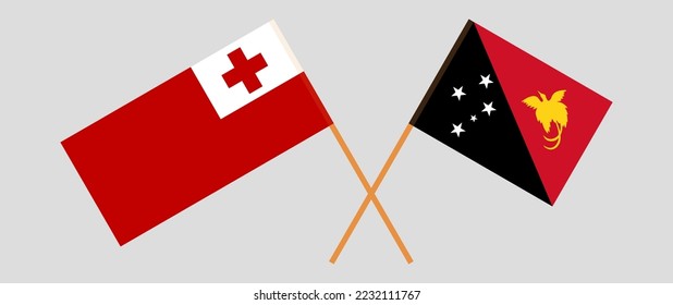 Crossed flags of Tonga and Papua New Guinea. Official colors. Correct proportion. Vector illustration
