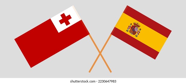 Gekreuzte Flaggen von Tonga und Spanien. Offizielle Farben. Richtiger Anteil. Vektorgrafik
