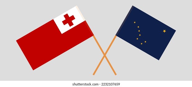 Crossed flags of Tonga and the State of Alaska. Official colors. Correct proportion. Vector illustration
