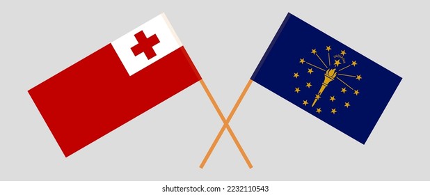 Crossed flags of Tonga and the State of Indiana. Official colors. Correct proportion. Vector illustration
