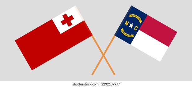 Crossed flags of Tonga and The State of North Carolina. Official colors. Correct proportion. Vector illustration
