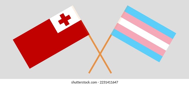 Crossed flags of Tonga and Transgender Pride. Official colors. Correct proportion. Vector illustration
