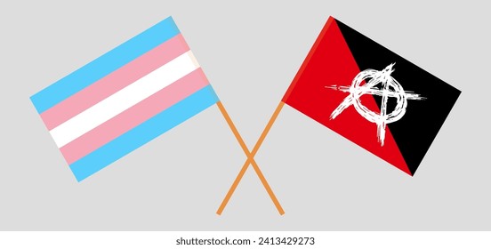 Crossed flags of Transgender Pride and anarchy. Official colors. Correct proportion. Vector illustration
