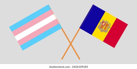 Crossed flags of Transgender Pride and Andorra. Official colors. Correct proportion. Vector illustration
