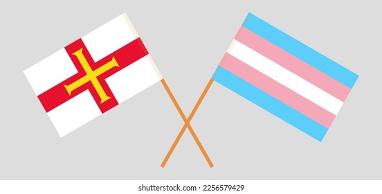 Crossed flags of Transgender Pride and Bailiwick of Guernsey. Official colors. Correct proportion. Vector illustration
