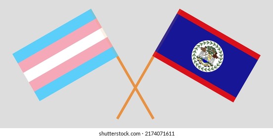 Crossed flags of Transgender Pride and Belize. Official colors. Correct proportion. Vector illustration