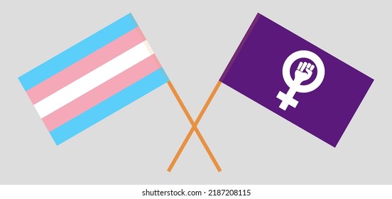 Crossed flags of Transgender Pride and Feminism. Official colors. Correct proportion. Vector illustration
