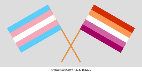 Crossed flags of Transgender Pride and Lesbian Pride. Official colors. Correct proportion. Vector illustration
