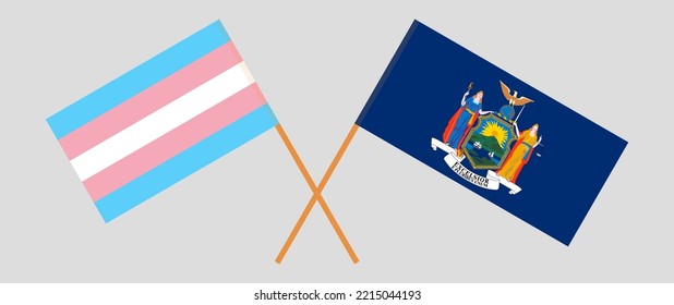 Crossed flags of Transgender Pride and The State of New York. Official colors. Correct proportion. Vector illustration
