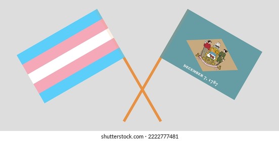 Crossed flags of Transgender Pride and The State of Delaware. Official colors. Correct proportion. Vector illustration
