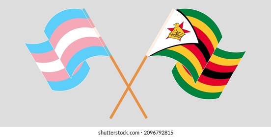 Crossed flags of Transgender Pride and Zimbabwe. Official colors. Correct proportion