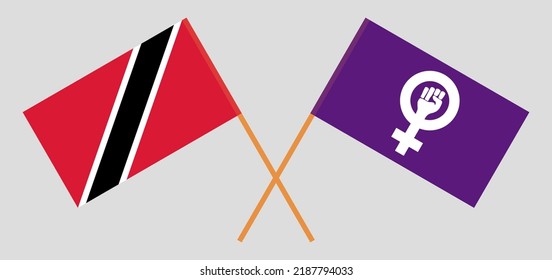 Crossed flags of Trinidad and Tobago and Feminism. Official colors. Correct proportion. Vector illustration
