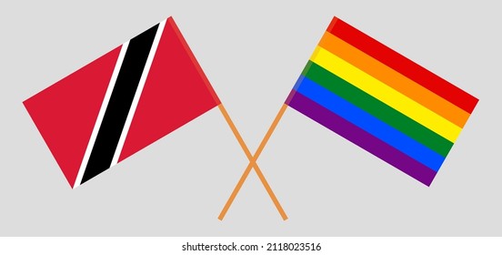 Crossed flags of Trinidad and Tobago and LGBTQ. Official colors. Correct proportion. Vector illustration
