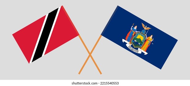 Crossed flags of Trinidad and Tobago and The State of New York. Official colors. Correct proportion. Vector illustration
