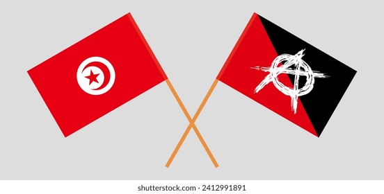 Crossed flags of Tunisia and anarchy. Official colors. Correct proportion. Vector illustration
