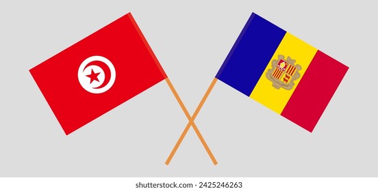 Crossed flags of Tunisia and Andorra. Official colors. Correct proportion. Vector illustration
