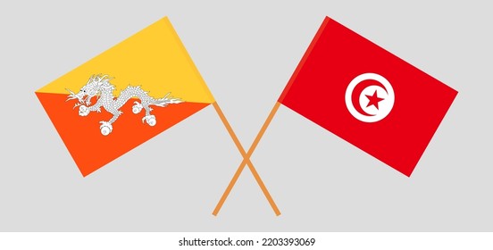 Crossed flags of Tunisia and Bhutan. Official colors. Correct proportion. Vector illustration
