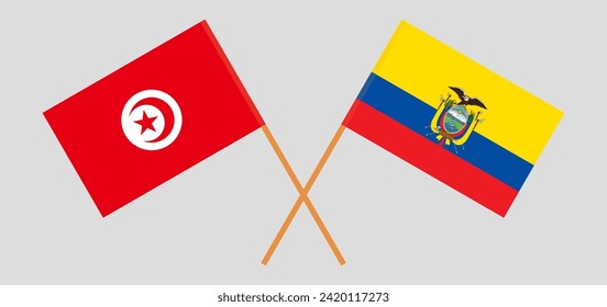 Crossed flags of Tunisia and Ecuador. Official colors. Correct proportion. Vector illustration
