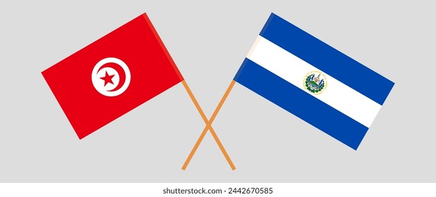 Crossed flags of Tunisia and El Salvador. Official colors. Correct proportion. Vector illustration
