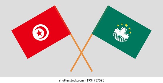 Banderas cruzadas de Túnez y Macao. Colores oficiales. Proporción correcta