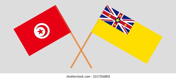 Crossed flags of Tunisia and Niue. Official colors. Correct proportion. Vector illustration
