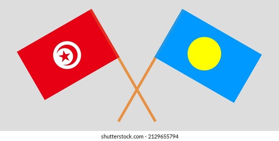 Crossed flags of Tunisia and Palau. Official colors. Correct proportion. Vector illustration
