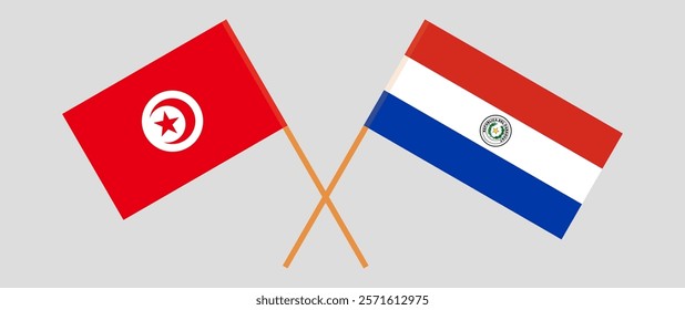 Crossed flags of Tunisia and Republic of Paraguay. Official colors. Correct proportion. Vector illustration.
