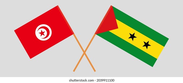 Crossed flags of Tunisia and Sao Tome and Principe. Official colors. Correct proportion
