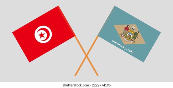 Crossed flags of Tunisia and The State of Delaware. Official colors. Correct proportion. Vector illustration
