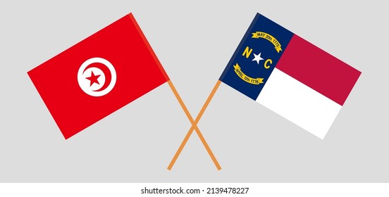 Crossed flags of Tunisia and The State of North Carolina. Official colors. Correct proportion. Vector illustration
