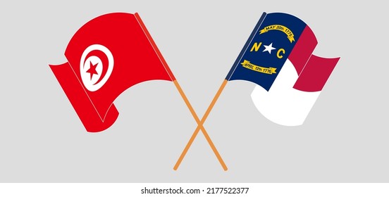 Crossed flags of Tunisia and The State of North Carolina. Official colors. Correct proportion. Vector illustration
