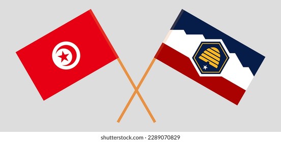 Banderas cruzadas de Túnez y el estado de Utah. Colores oficiales. Proporción correcta. Ilustración del vector
