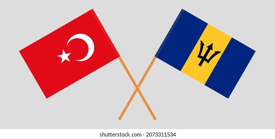 Crossed flags of Turkey and Barbados. Official colors. Correct proportion. Vector illustration
