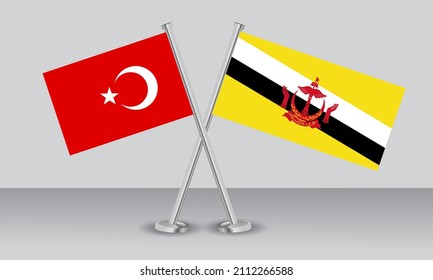 Crossed flags of Türkiye (Turkey) and Brunei. Official colors. Correct proportion. Banner design
