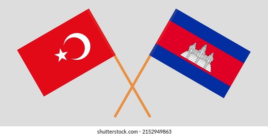 Crossed flags of Turkey and Cambodia. Official colors. Correct proportion. Vector illustration
