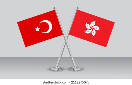 Crossed flags of Türkiye (Turkey) and Hong Kong. Official colors. Correct proportion. Banner design
