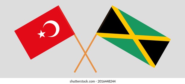 Crossed flags of Turkey and Jamaica. Official colors. Correct proportion