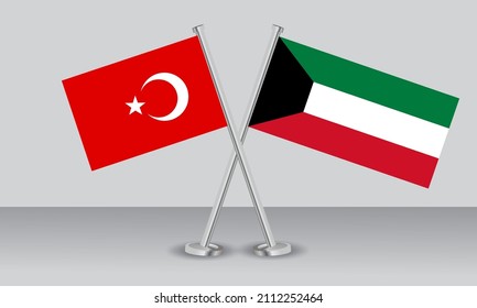 Banderas cruzadas de Türkiye (Turquía) y Kuwait. Colores oficiales. Proporción correcta. Diseño de pancartas
