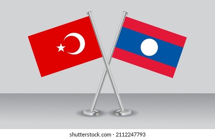 Crossed flags of Türkiye (Turkey) and Laos. Official colors. Correct proportion. Banner design
