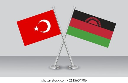 Gekreuzte Flaggen von Türkiye (Türkei) und Malawi. Offizielle Farben. Richtiger Anteil. Banner-Design