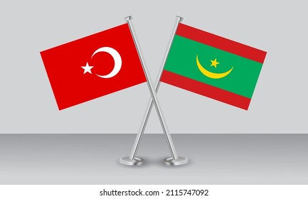 Crossed flags of Türkiye (Turkey) and Mauritania. Official colors. Correct proportion. Banner design