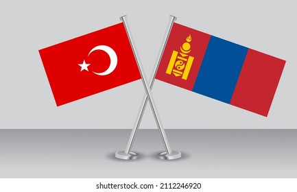 Crossed flags of Türkiye (Turkey) and Mongolia. Official colors. Correct proportion. Banner design
