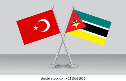 Crossed flags of Türkiye (Turkey) and Mozambique. Official colors. Correct proportion. Banner design