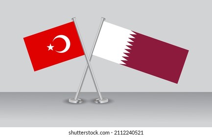 Crossed flags of Türkiye (Turkey) and Qatar. Official colors. Correct proportion. Banner design
