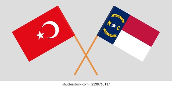 Crossed flags of Turkey and The State of North Carolina. Official colors. Correct proportion. Vector illustration
